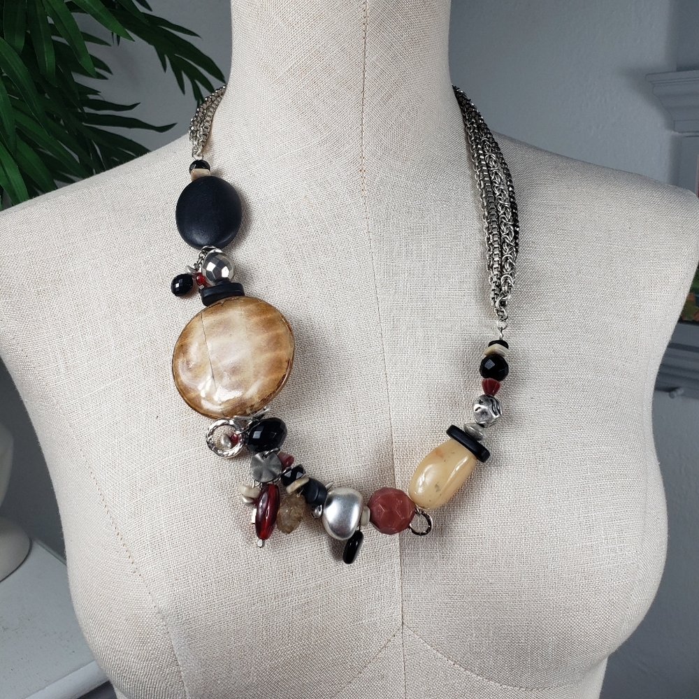 Chico 4 Strand Multicolor Bead Stones & Charms Statement Silvertone Chains
